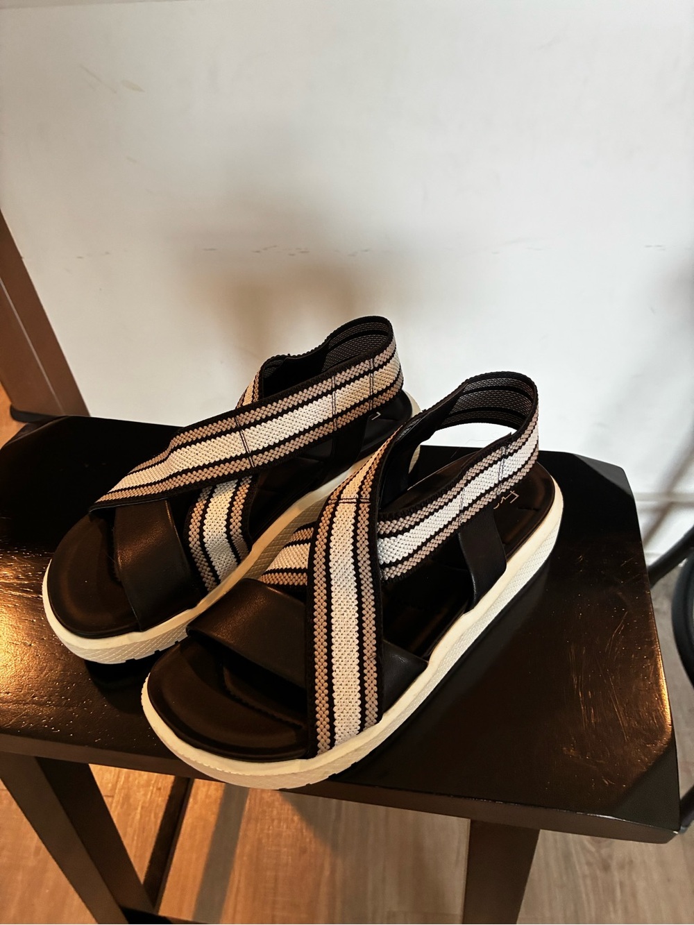 Franco Sarto Black and White Striped Elastic Crossover Sandals